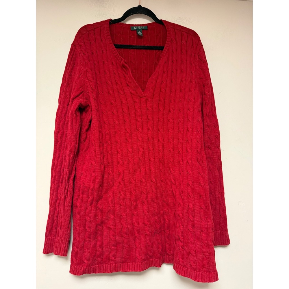 LAUREN Ralph Lauren Women's Red Cable Knit V Neck Cotton Sweater Plus Size 2X‎